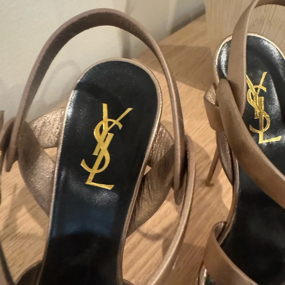 Saint Laurent Metallic Bronze Braided T-Strap Platform Sandals - Picture 2 of 16